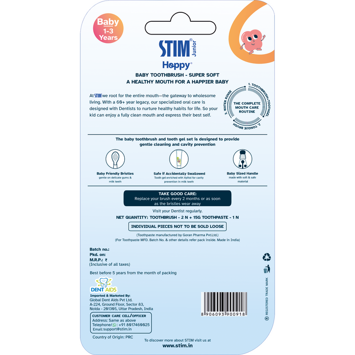 STIM Junior Baby Toothbrush | With Paste | 1-3 years | 2 Pcs - Multicolor