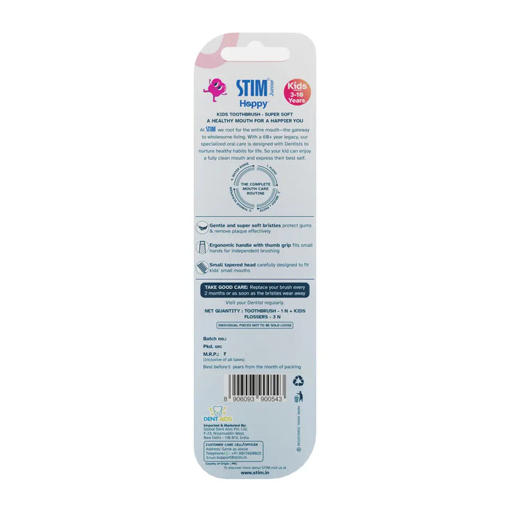 STIM Junior Kids Toothbrush | With Tongue Scraper | 3-10 Y - Multicolor