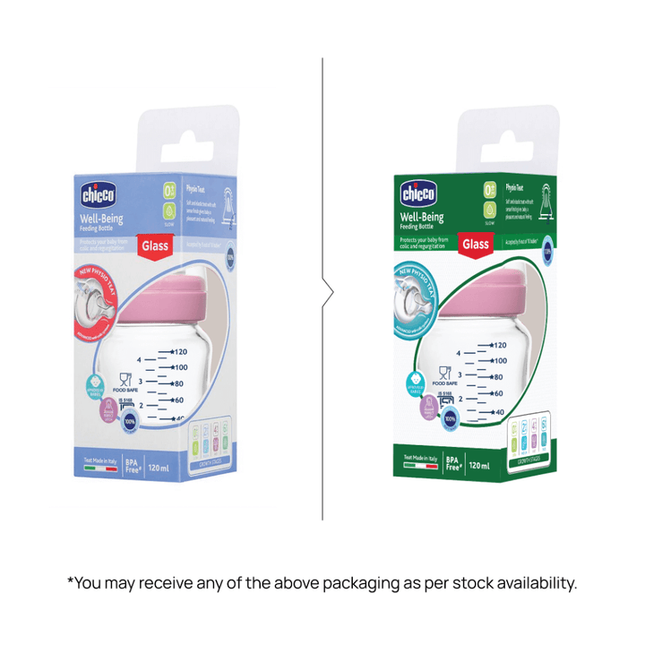 Chicco Well-Being Glass Feeding Bottle (120ml, Slow Flow) - Pink