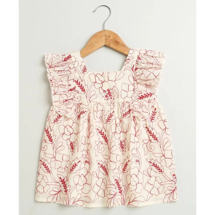 Sweetlime By AS Red Floral Embroidery Ruffle Organic Cotton Co-ord Set -  Beige &amp; Red