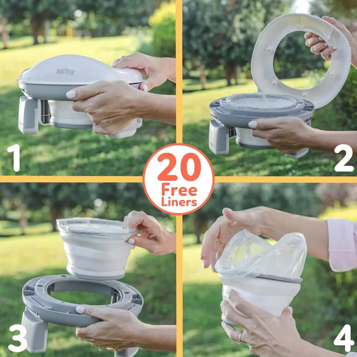 Nuby On-The-Go Portable Potty Seat | Travel Toilet Seat for Boys and Girls 18+ Months - Includes Storage Bag and Disposable Potty Liners |Toddler Travel Essentials | Toddler Potty Training Toilet - Gray/White