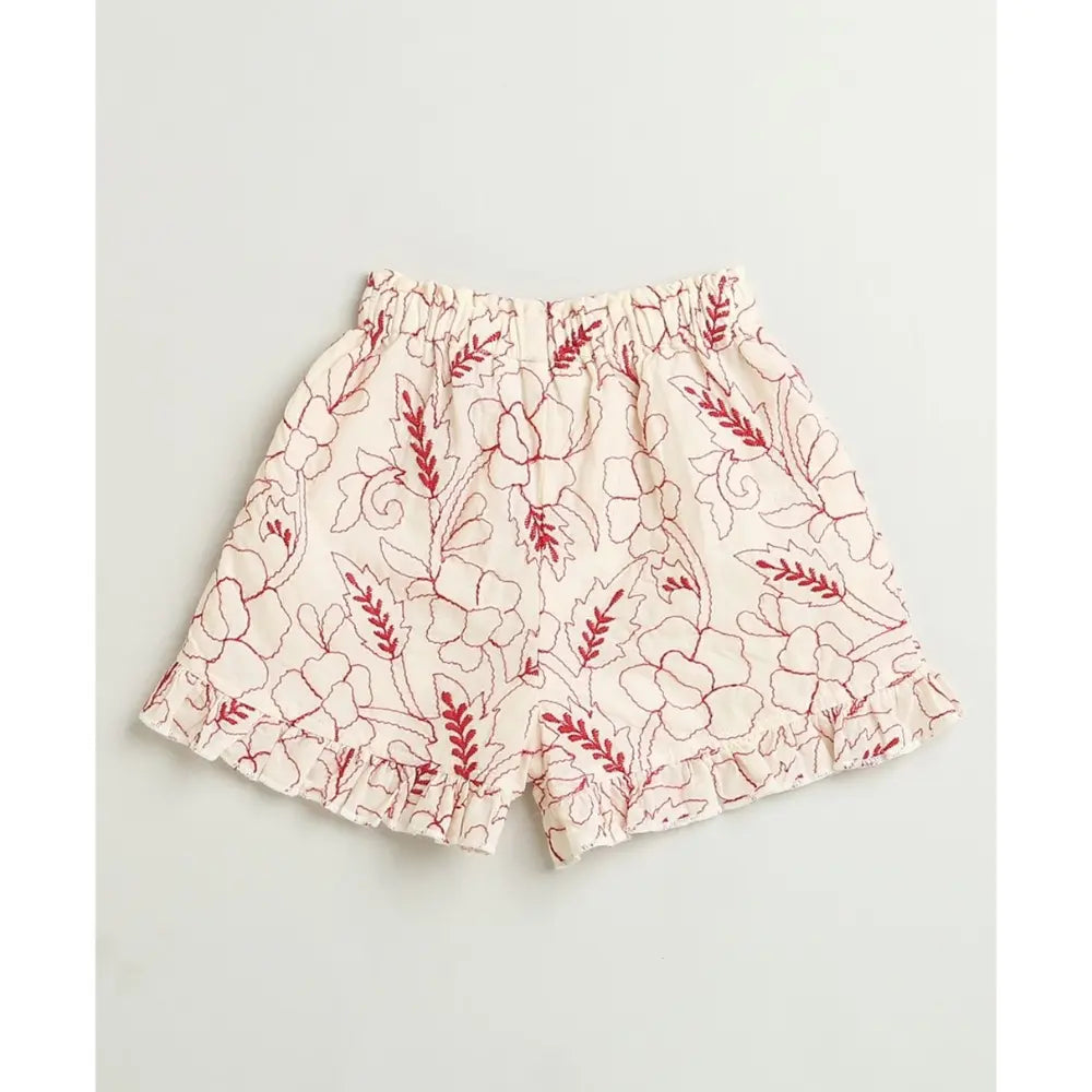 Sweetlime By AS Red Floral Embroidery Ruffle Organic Cotton Co-ord Set -  Beige &amp; Red