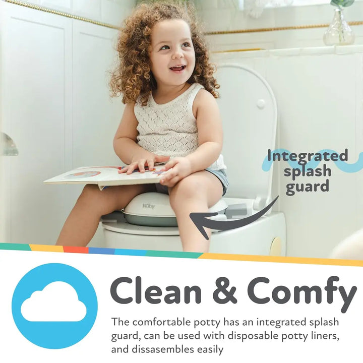 Nuby On-The-Go Portable Potty Seat | Travel Toilet Seat for Boys and Girls 18+ Months - Includes Storage Bag and Disposable Potty Liners |Toddler Travel Essentials | Toddler Potty Training Toilet - Gray/White