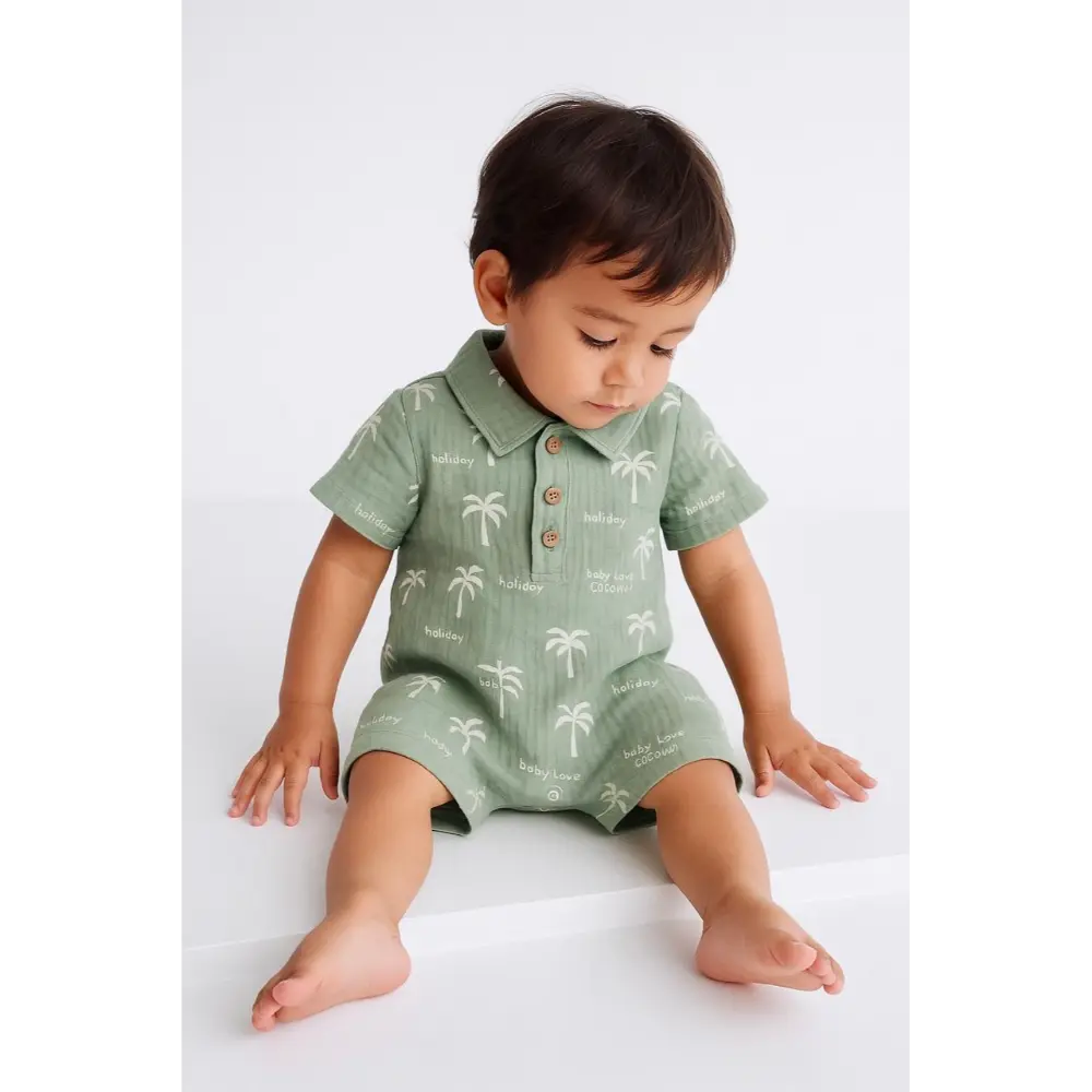 Pattuti Tropical Palm Polo Romper For Baby Boys | Sustainable Cotton Casual Romper Outfit | Comfortable Summer Wear For Kids
