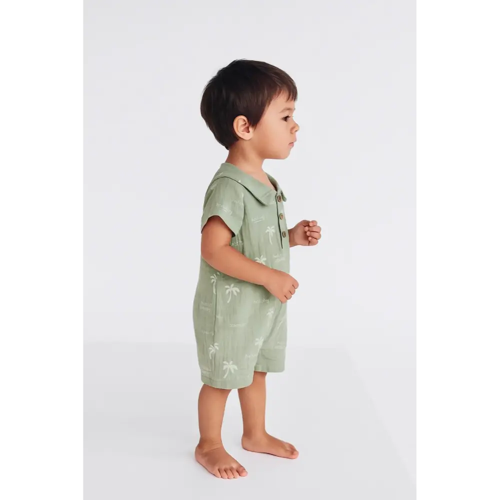 Pattuti Tropical Palm Polo Romper For Baby Boys | Sustainable Cotton Casual Romper Outfit | Comfortable Summer Wear For Kids