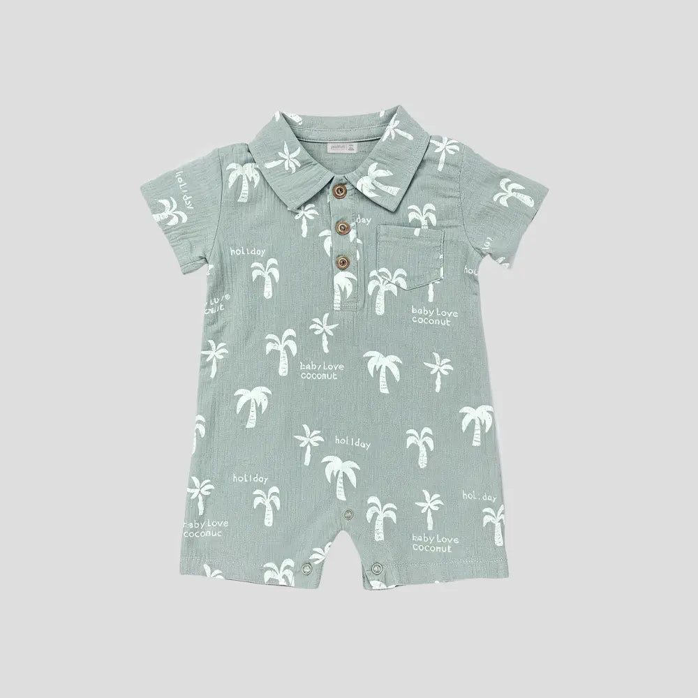 Pattuti Tropical Palm Polo Romper For Baby Boys | Sustainable Cotton Casual Romper Outfit | Comfortable Summer Wear For Kids