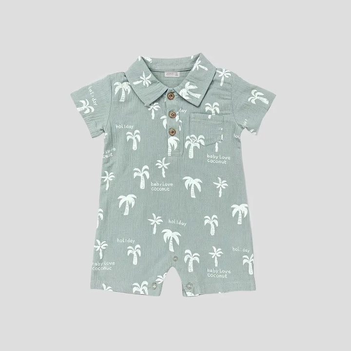 Pattuti Tropical Palm Polo Romper For Baby Boys | Sustainable Cotton Casual Romper Outfit | Comfortable Summer Wear For Kids