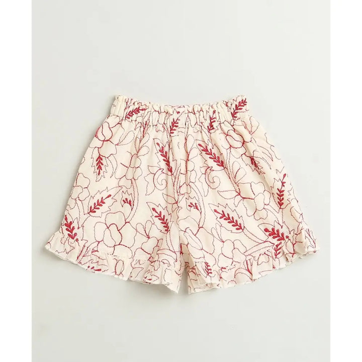 Sweetlime By AS Red Floral Embroidery Ruffle Organic Cotton Co-ord Set -  Beige &amp; Red