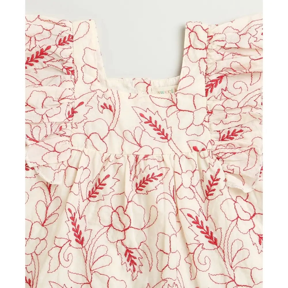 Sweetlime By AS Red Floral Embroidery Ruffle Organic Cotton Co-ord Set -  Beige &amp; Red