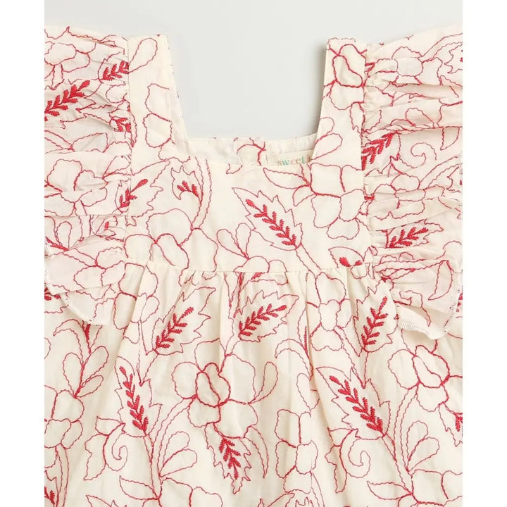 Sweetlime By AS Red Floral Embroidery Ruffle Organic Cotton Co-ord Set -  Beige &amp; Red