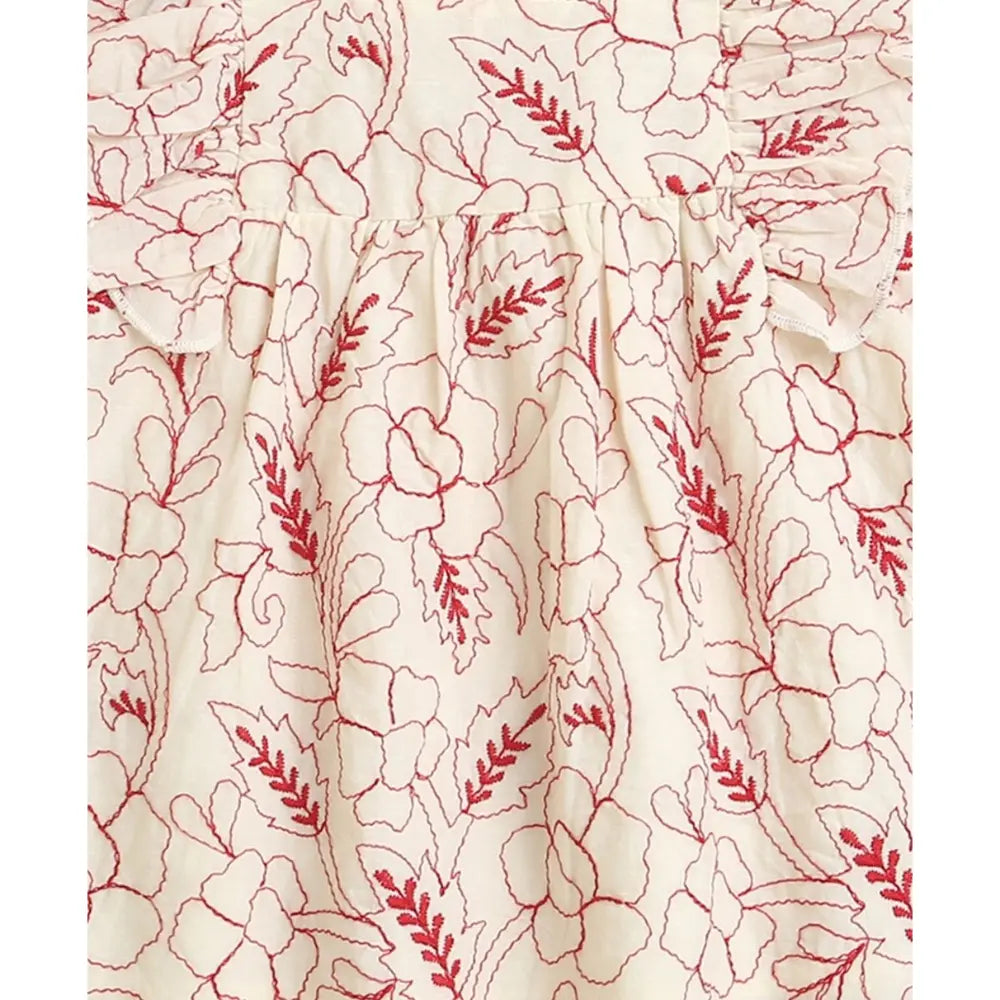 Sweetlime By AS Red Floral Embroidery Ruffle Organic Cotton Co-ord Set -  Beige &amp; Red