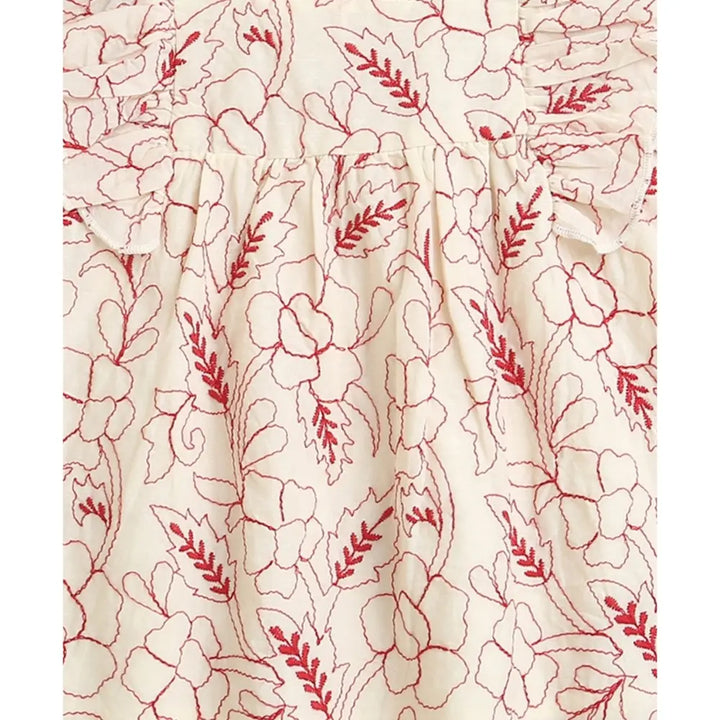 Sweetlime By AS Red Floral Embroidery Ruffle Organic Cotton Co-ord Set -  Beige &amp; Red