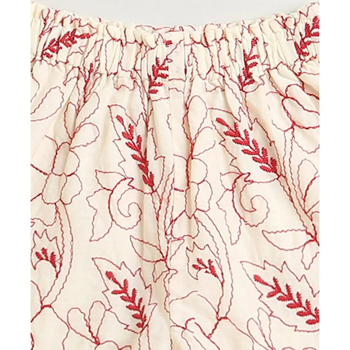 Sweetlime By AS Red Floral Embroidery Ruffle Organic Cotton Co-ord Set -  Beige &amp; Red