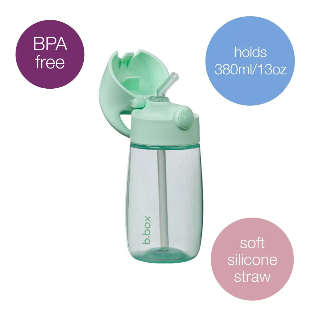 B.Box Straw Drink Bottle Junior 380mL Leakproof &amp; Easy Carry Bottle for Toddlers &amp; Pre-schoolers - Free-Flowing - Spearmint Green