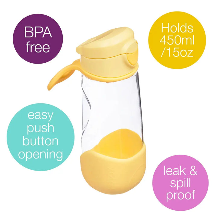 B.box Flip Top Lid Spout Drink Bottle for Kids 12m+, Leak Proof &amp; Easy to Carry 450ml - Lemon Twist Yellow