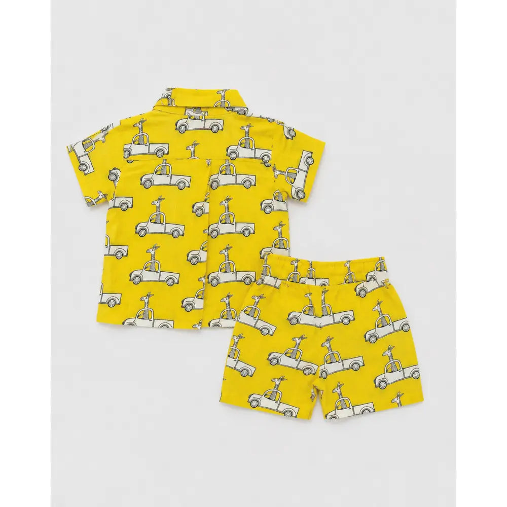 Pattuti Sustainable Double Gauge Set Of 2 Car Print Shirt Set With Shorts - Yellow