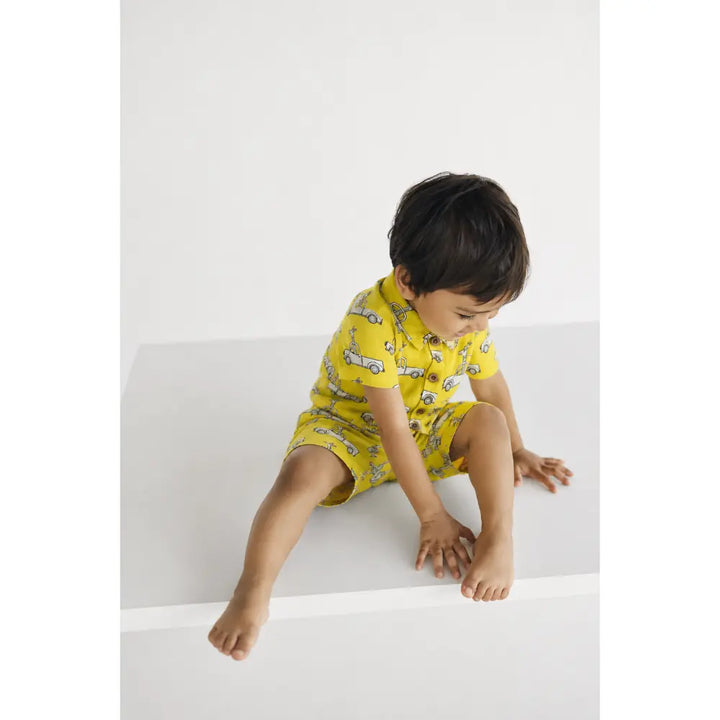 Pattuti Sustainable Double Gauge Set Of 2 Car Print Shirt Set With Shorts - Yellow