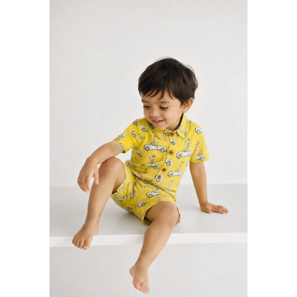Pattuti Sustainable Double Gauge Set Of 2 Car Print Shirt Set With Shorts - Yellow