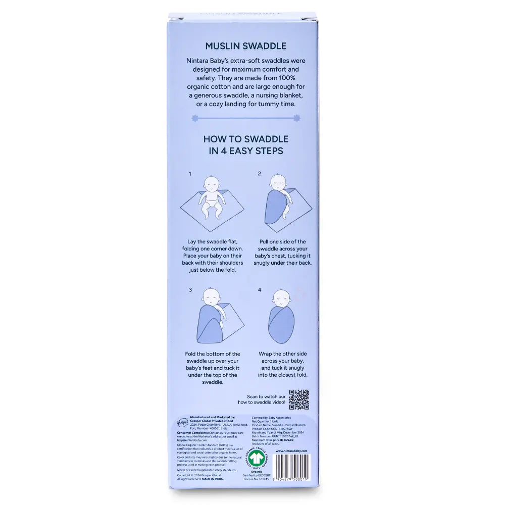 Nintara Baby Extra-Large Swaddle - 100% Organic Premium Muslin Cotton, 47" x 47" (119 cm x 119 cm), Ultra-Soft, Breathable &amp; Lightweight, Multipurpose, Hypoallergenic, Gift for Newborn Babies - Purple Blossom
