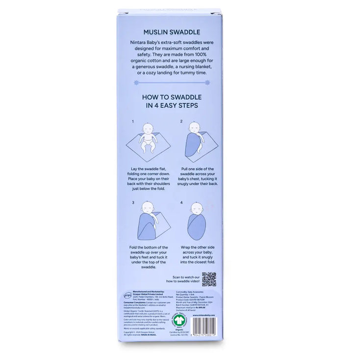 Nintara Baby Extra-Large Swaddle - 100% Organic Premium Muslin Cotton, 47" x 47" (119 cm x 119 cm), Ultra-Soft, Breathable &amp; Lightweight, Multipurpose, Hypoallergenic, Gift for Newborn Babies - Purple Blossom