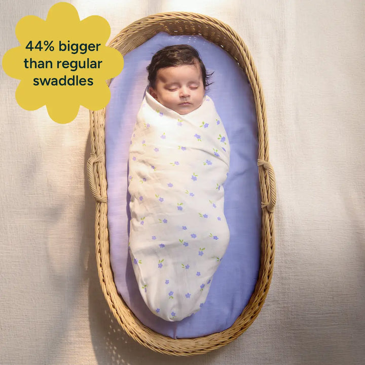 Nintara Baby Extra-Large Swaddle - 100% Organic Premium Muslin Cotton, 47" x 47" (119 cm x 119 cm), Ultra-Soft, Breathable &amp; Lightweight, Multipurpose, Hypoallergenic, Gift for Newborn Babies - Purple Blossom