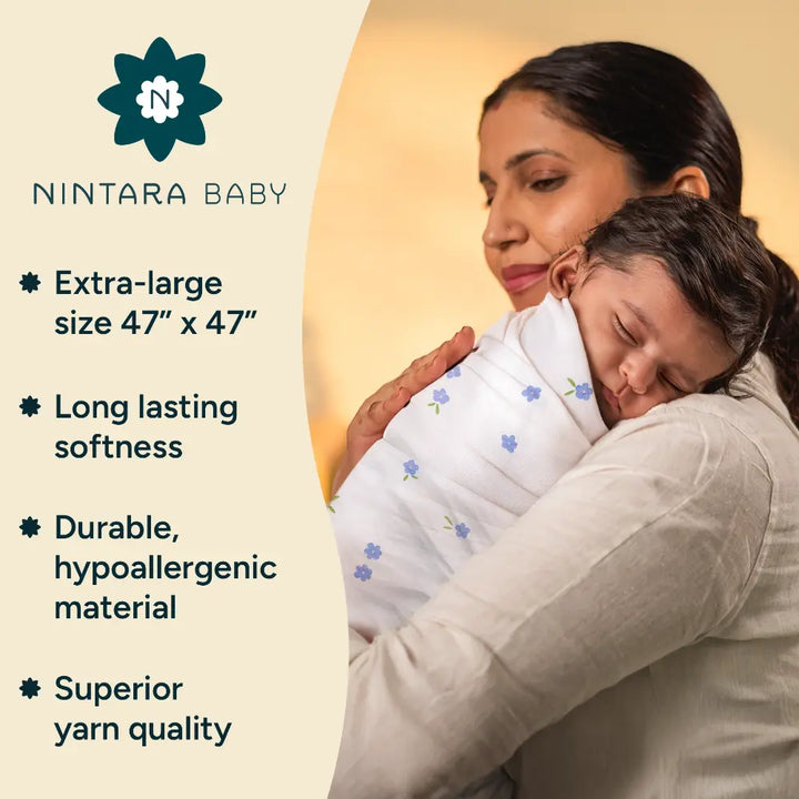 Nintara Baby Extra-Large Swaddle - 100% Organic Premium Muslin Cotton, 47" x 47" (119 cm x 119 cm), Ultra-Soft, Breathable &amp; Lightweight, Multipurpose, Hypoallergenic, Gift for Newborn Babies - Purple Blossom
