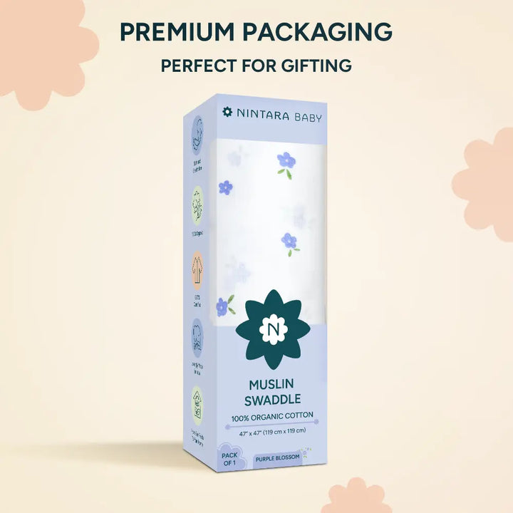 Nintara Baby Extra-Large Swaddle - 100% Organic Premium Muslin Cotton, 47" x 47" (119 cm x 119 cm), Ultra-Soft, Breathable &amp; Lightweight, Multipurpose, Hypoallergenic, Gift for Newborn Babies - Purple Blossom