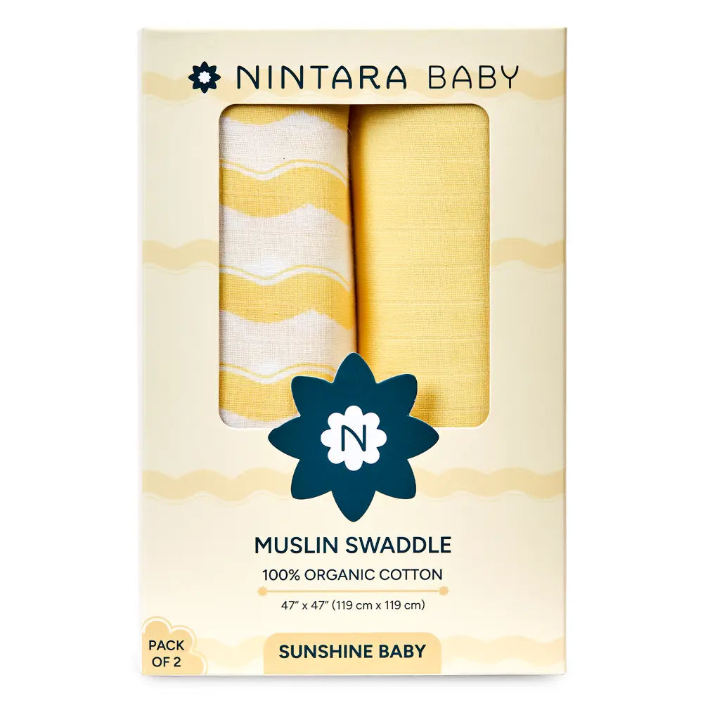 Nintara Baby Extra-Large Swaddles - 100% Organic Premium Muslin Cotton, 47" x 47" (119 cm x 119 cm), Ultra-Soft, Breathable &amp; Lightweight, Unisex, Hypoallergenic, Gifts for Newborn Babies, Pack of 2 - Sunshine Baby