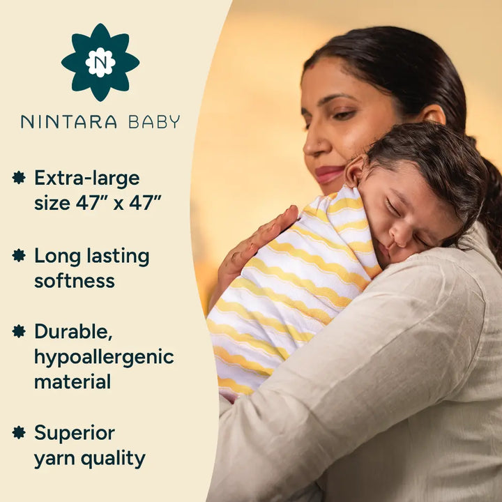 Nintara Baby Extra-Large Swaddles - 100% Organic Premium Muslin Cotton, 47" x 47" (119 cm x 119 cm), Ultra-Soft, Breathable &amp; Lightweight, Unisex, Hypoallergenic, Gifts for Newborn Babies, Pack of 2 - Sunshine Baby