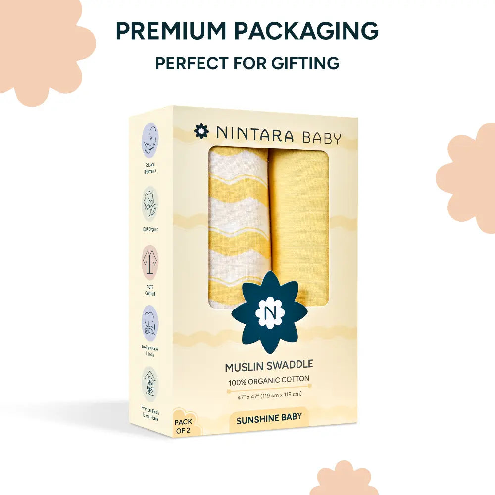 Nintara Baby Extra-Large Swaddles - 100% Organic Premium Muslin Cotton, 47" x 47" (119 cm x 119 cm), Ultra-Soft, Breathable &amp; Lightweight, Unisex, Hypoallergenic, Gifts for Newborn Babies, Pack of 2 - Sunshine Baby