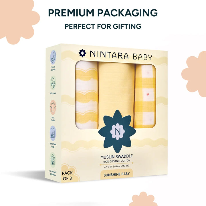 Nintara Baby Extra-Large Swaddle – Pack of 3, 47" x 47" (119 cm x 119 cm) - Sunshine Baby