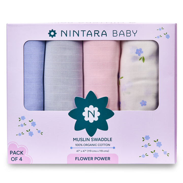 Nintara Baby Extra-Large Swaddles - 100% Organic Premium Muslin Cotton, 47" x 47" (119 cm x 119 cm), Ultra-Soft, Breathable &amp; Lightweight, Hypoallergenic, Gifts for Newborn Girls, Pack of 4 - Flower Power