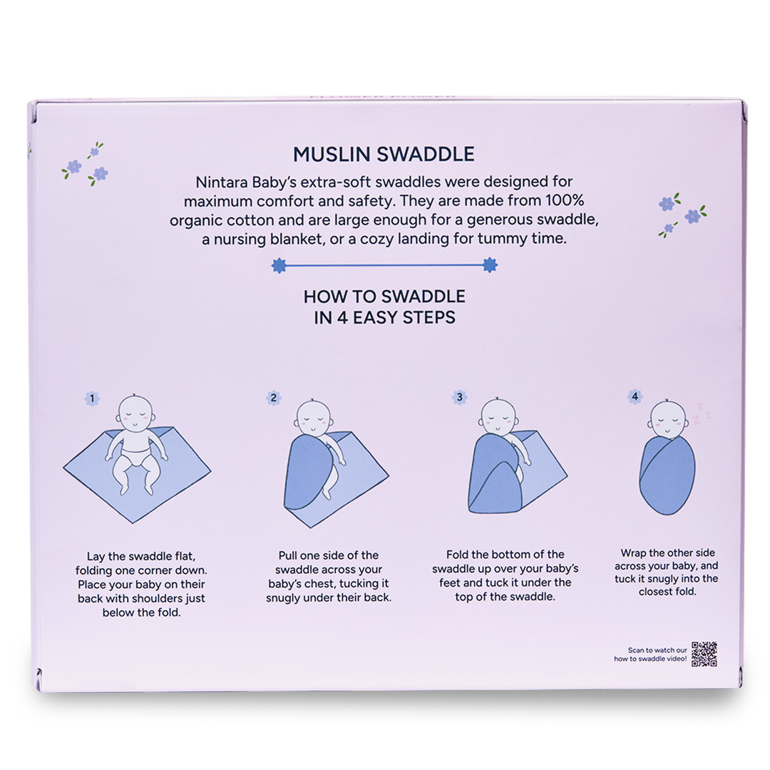 Nintara Baby Extra-Large Swaddles - 100% Organic Premium Muslin Cotton, 47" x 47" (119 cm x 119 cm), Ultra-Soft, Breathable &amp; Lightweight, Hypoallergenic, Gifts for Newborn Girls, Pack of 4 - Flower Power