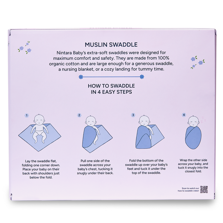 Nintara Baby Extra-Large Swaddles - 100% Organic Premium Muslin Cotton, 47" x 47" (119 cm x 119 cm), Ultra-Soft, Breathable &amp; Lightweight, Hypoallergenic, Gifts for Newborn Girls, Pack of 4 - Flower Power