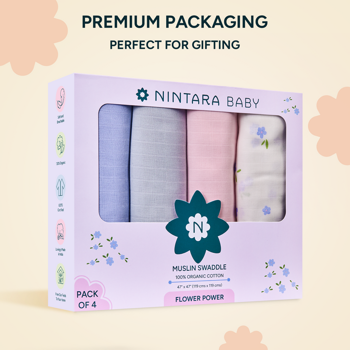 Nintara Baby Extra-Large Swaddles - 100% Organic Premium Muslin Cotton, 47" x 47" (119 cm x 119 cm), Ultra-Soft, Breathable &amp; Lightweight, Hypoallergenic, Gifts for Newborn Girls, Pack of 4 - Flower Power