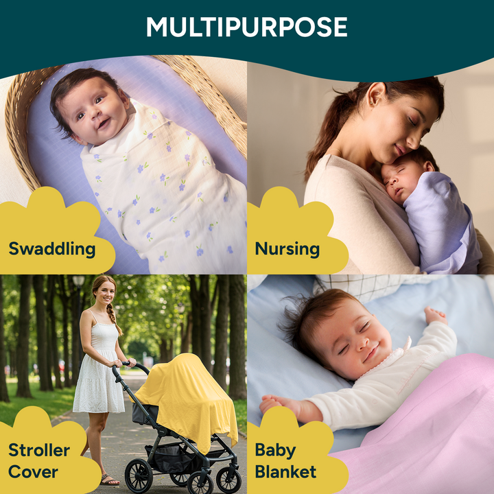 Nintara Baby Extra-Large Swaddles - 100% Organic Premium Muslin Cotton, 47" x 47" (119 cm x 119 cm), Ultra-Soft, Breathable &amp; Lightweight, Hypoallergenic, Gifts for Newborn Girls, Pack of 4 - Flower Power