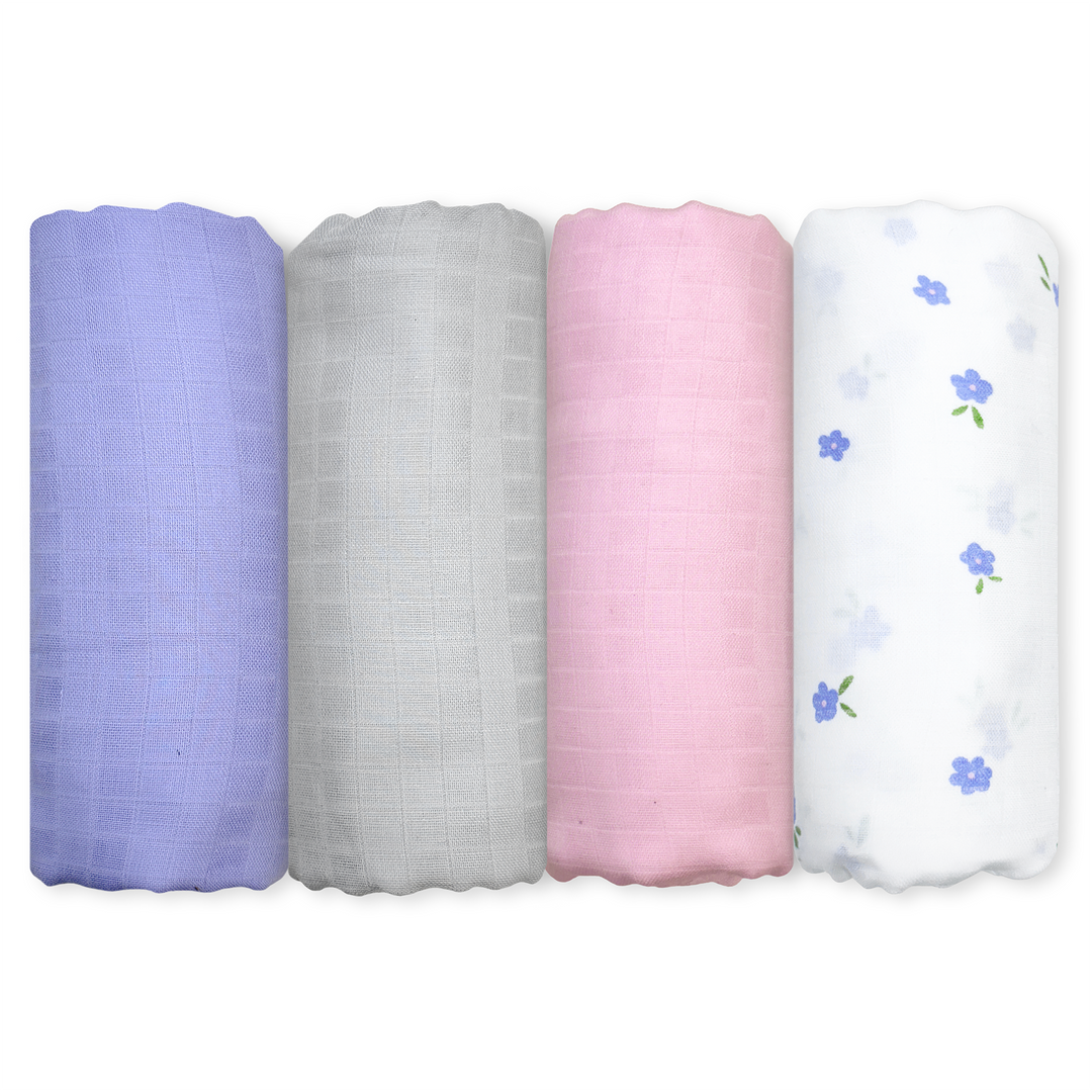 Nintara Baby Extra-Large Swaddles - 100% Organic Premium Muslin Cotton, 47" x 47" (119 cm x 119 cm), Ultra-Soft, Breathable &amp; Lightweight, Hypoallergenic, Gifts for Newborn Girls, Pack of 4 - Flower Power