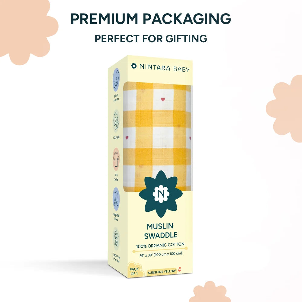 Nintara Baby Swaddle for Newborns – Organic Muslin Cotton - Sunshine Yellow