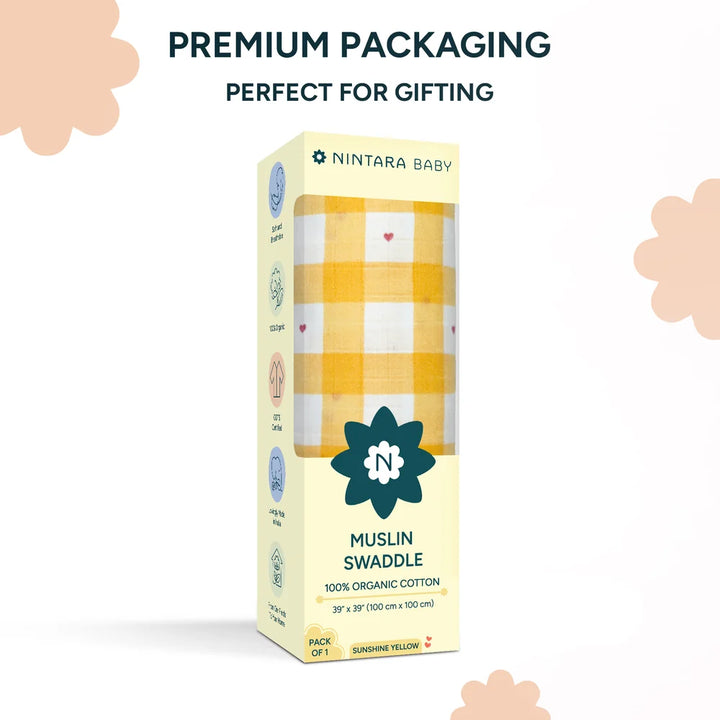 Nintara Baby Swaddle for Newborns – Organic Muslin Cotton - Sunshine Yellow