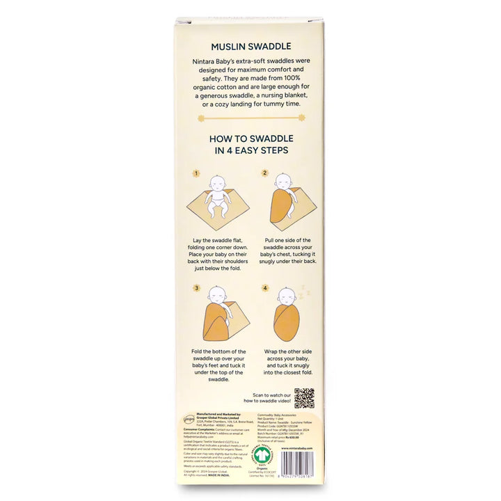 Nintara Baby Swaddle for Newborns – Organic Muslin Cotton - Sunshine Yellow