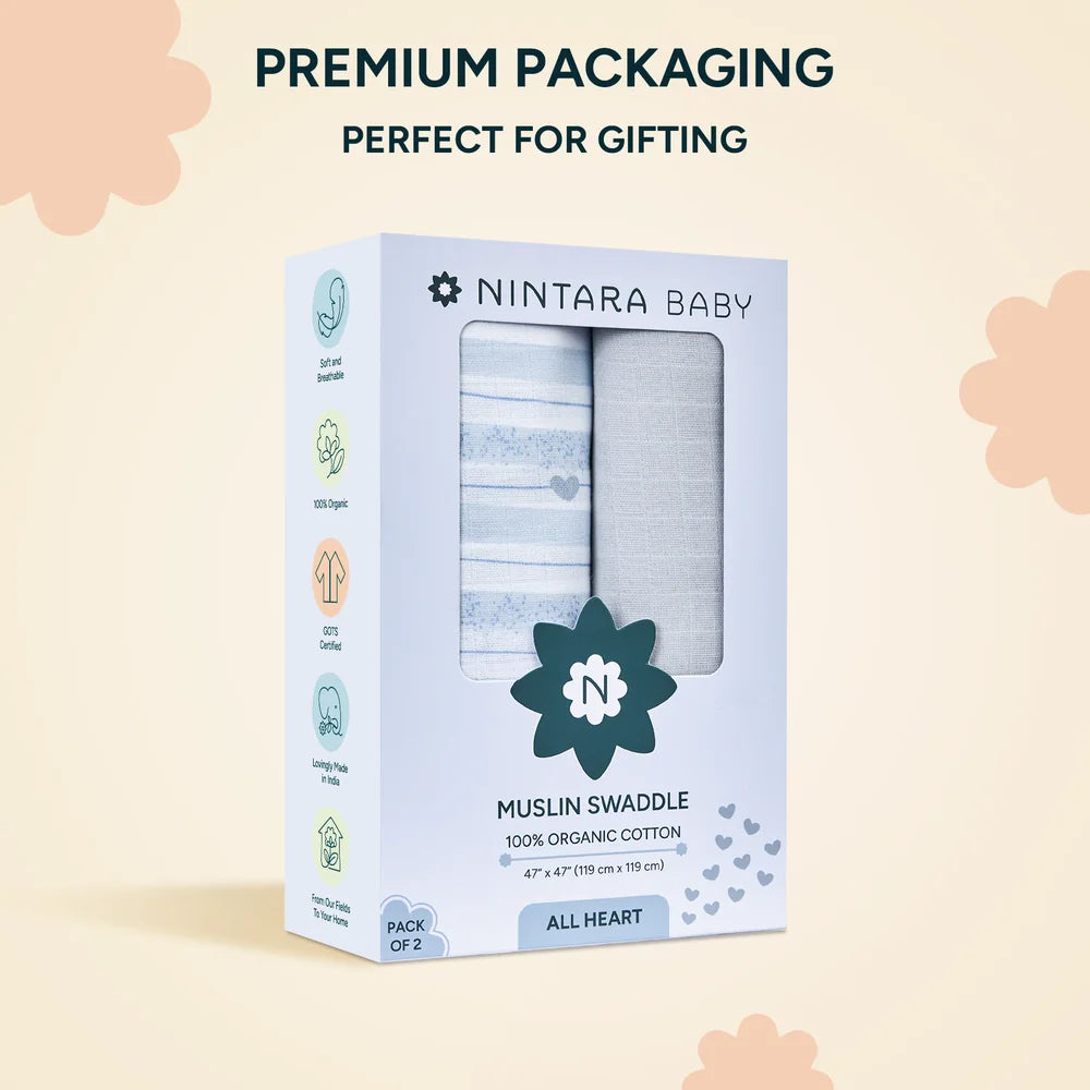 Nintara Baby Swaddle for Newborns 100% Organic Muslin Cotton - All Heart