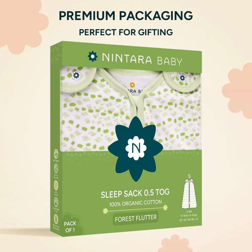 Nintara Baby 0.5 TOG Sleep Sack  -  Premium Organic Cotton, Lightweight Wearable Blanket for Newborns, Infants &amp; Toddlers (3 - 9 Months), Unisex Baby Sleeping Bag, Gifts for Babies - Forest Flutter