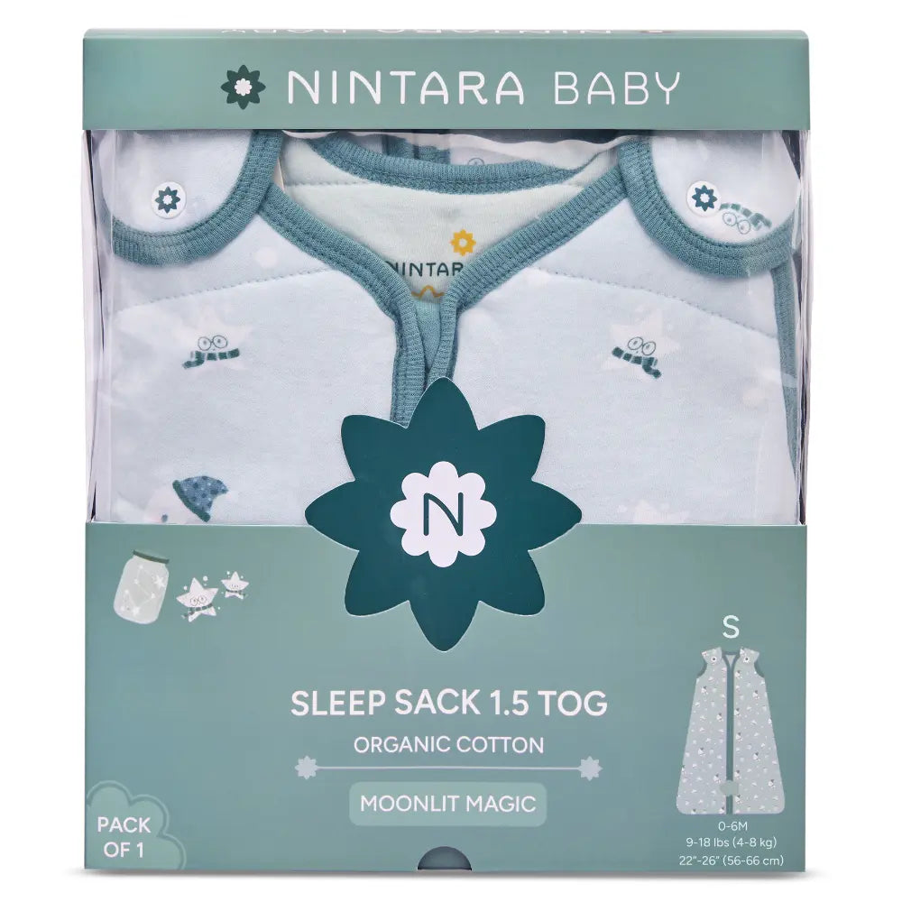 Nintara Baby 1.5 TOG Sleep Sack  -  Premium Organic Cotton, Soft, Breathable, Winter Swaddle &amp; Wearable Blanket for Newborns, Infants (0 - 6 Months), Unisex Baby Sleeping Bag, Gifts for Babies - Moonlit Magic