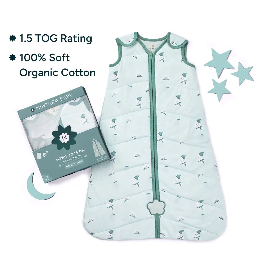 Nintara Baby 1.5 TOG Sleep Sack  -  Premium Organic Cotton, Soft, Breathable, Winter Swaddle &amp; Wearable Blanket for Newborns, Infants (0 - 6 Months), Unisex Baby Sleeping Bag, Gifts for Babies - Moonlit Magic