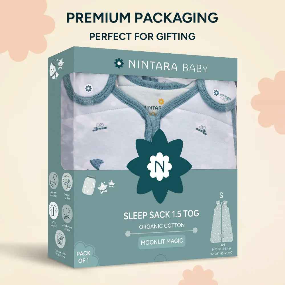 Nintara Baby 1.5 TOG Sleep Sack  -  Premium Organic Cotton, Soft, Breathable, Winter Swaddle &amp; Wearable Blanket for Newborns, Infants (0 - 6 Months), Unisex Baby Sleeping Bag, Gifts for Babies - Moonlit Magic