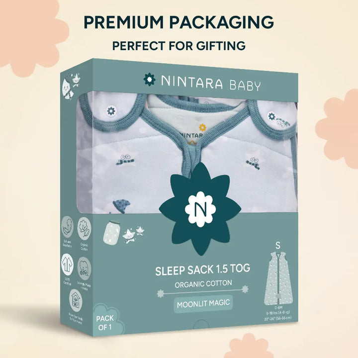 Nintara Baby 1.5 TOG Sleep Sack  -  Premium Organic Cotton, Soft, Breathable, Winter Swaddle &amp; Wearable Blanket for Newborns, Infants (0 - 6 Months), Unisex Baby Sleeping Bag, Gifts for Babies - Moonlit Magic