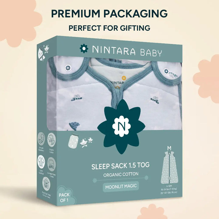 Nintara Baby 1.5 TOG Sleep Sack  -  Premium Organic Cotton, Soft, Breathable, Winter Swaddle &amp; Wearable Blanket for Newborns, Infants (6 - 12 Months), Unisex Baby Sleeping Bag, Gifts for Babies - Moonlit Magic