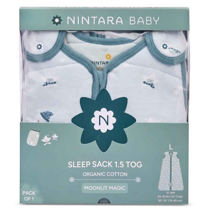 Nintara Baby 1.5 TOG Sleep Sack  -  Premium Organic Cotton, Soft, Breathable, Winter Swaddle &amp; Wearable Blanket for Newborns, Infants (12 - 18 Months), Unisex Baby Sleeping Bag, Gifts for Babies - Moonlit Magic