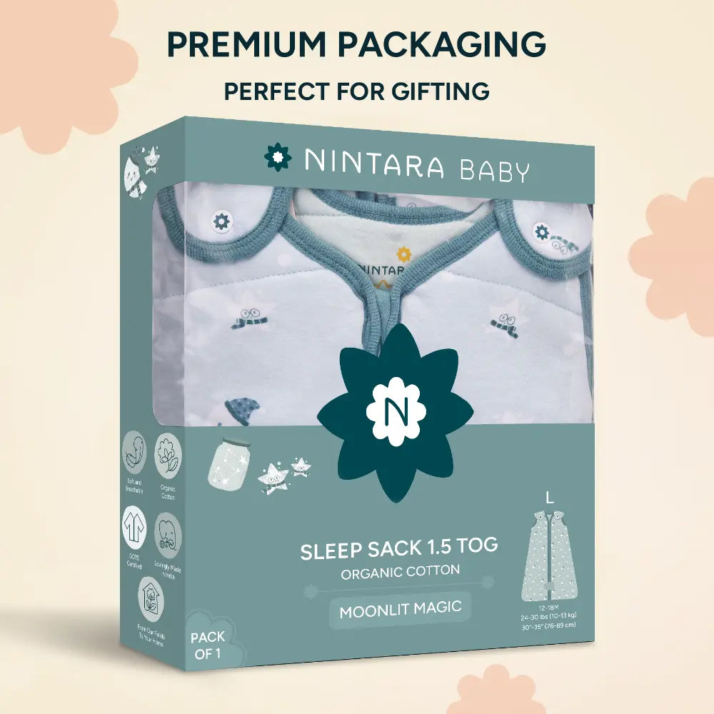 Nintara Baby 1.5 TOG Sleep Sack  -  Premium Organic Cotton, Soft, Breathable, Winter Swaddle &amp; Wearable Blanket for Newborns, Infants (12 - 18 Months), Unisex Baby Sleeping Bag, Gifts for Babies - Moonlit Magic