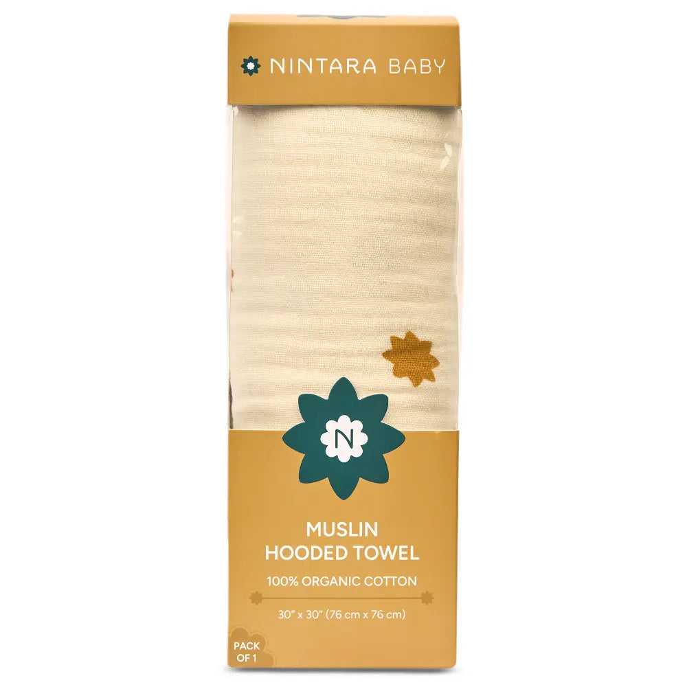 Nintara Baby Hooded Towel  -  100% Organic Premium Muslin Cotton, 30" x 30" (76 cm x 76 cm), Ultra - Absorbent, Soft, Breathable, Hypoallergenic, Multipurpose, Gifts for Babies &amp; Infants - Butterscotch Stars